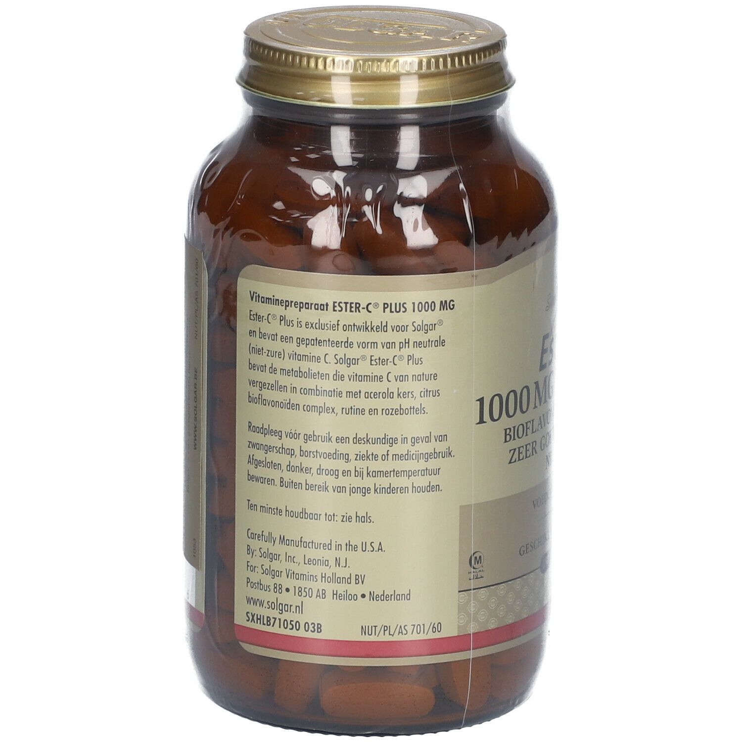 Dos d'un flacon en verre brun avec bouchon doré. Étiquette avec informations produit et ingrédients.