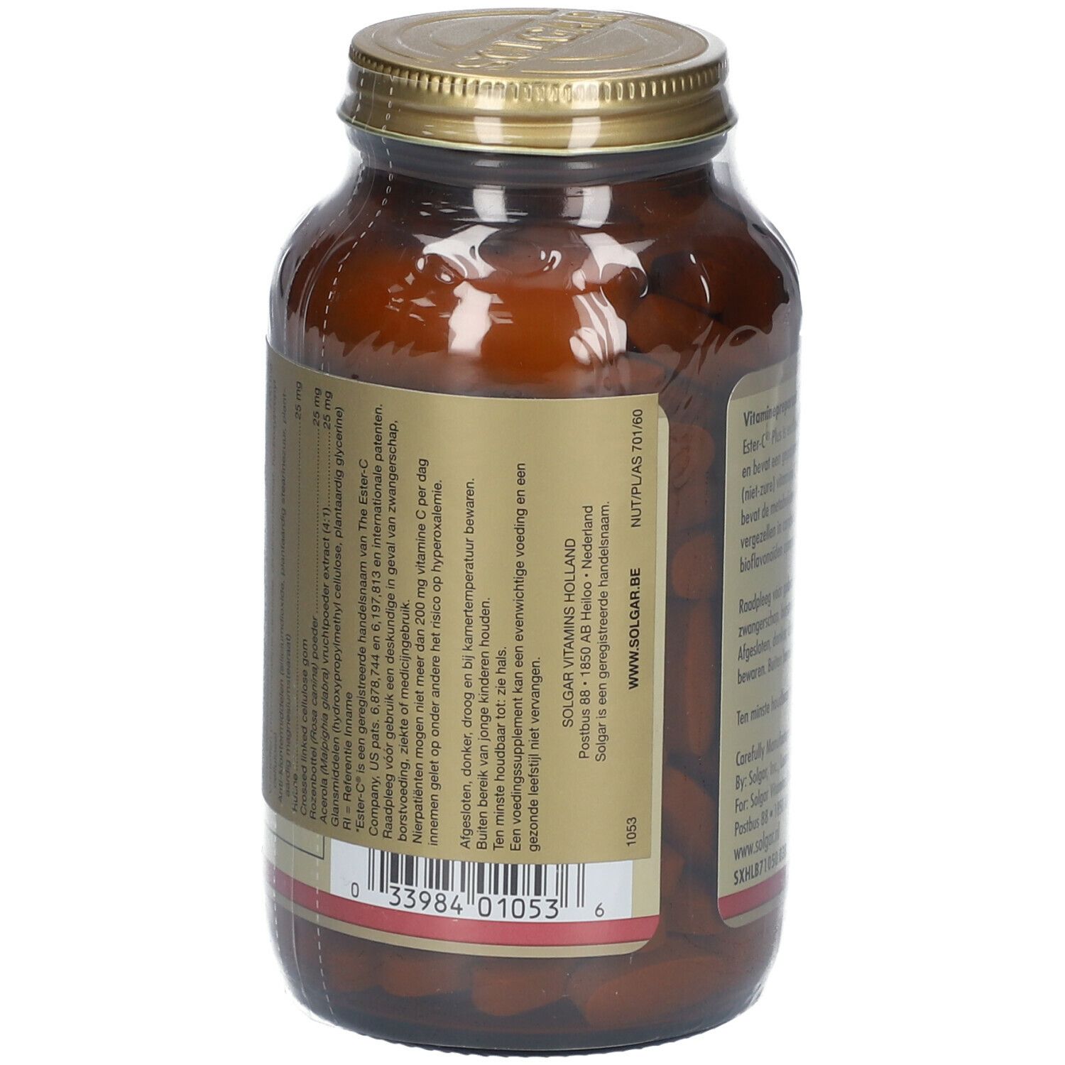 Dos d'un flacon en verre brun avec bouchon doré. Étiquette avec informations produit et code-barres.