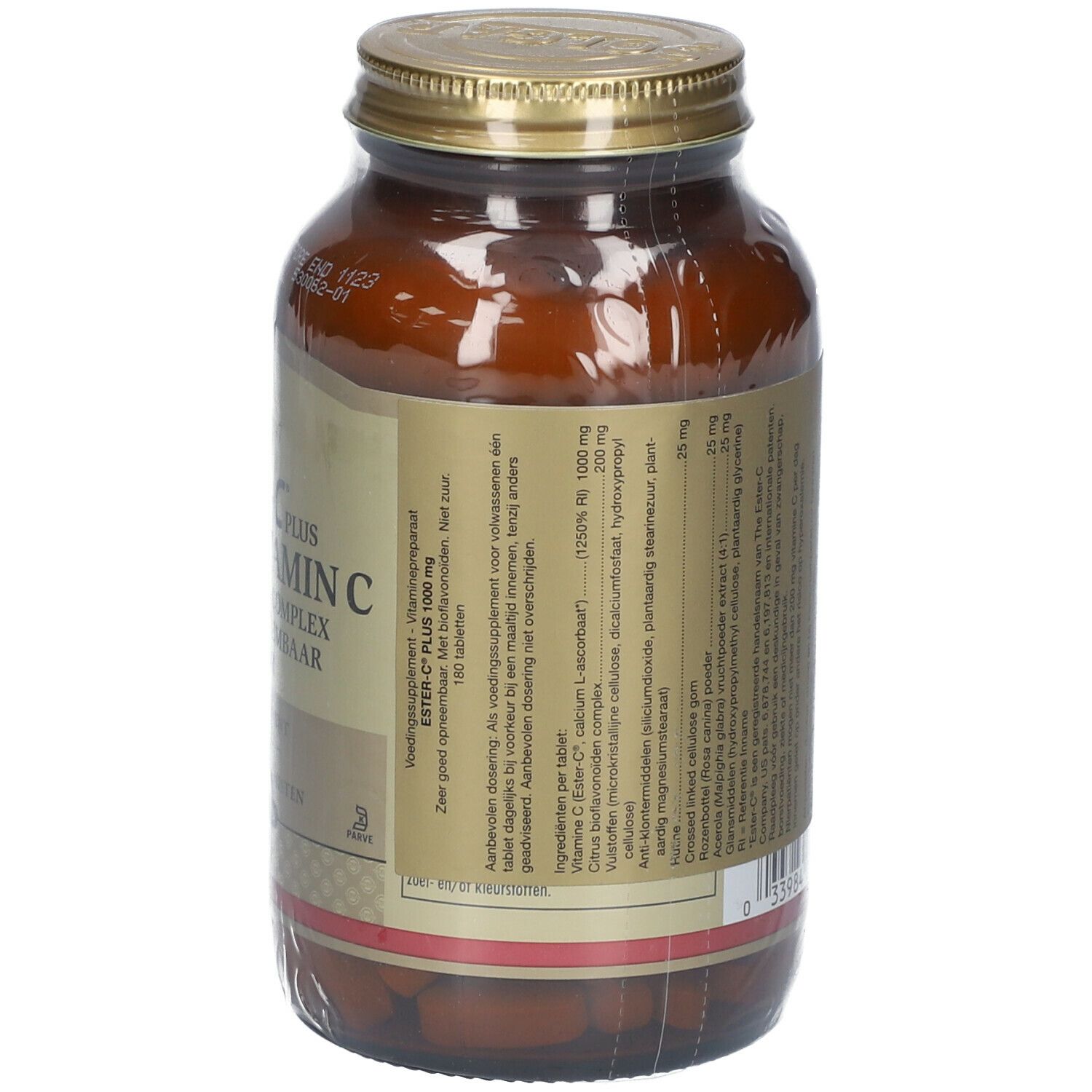 Dos d'un flacon en verre brun avec bouchon doré. Étiquette avec ingrédients et informations nutritionnelles.