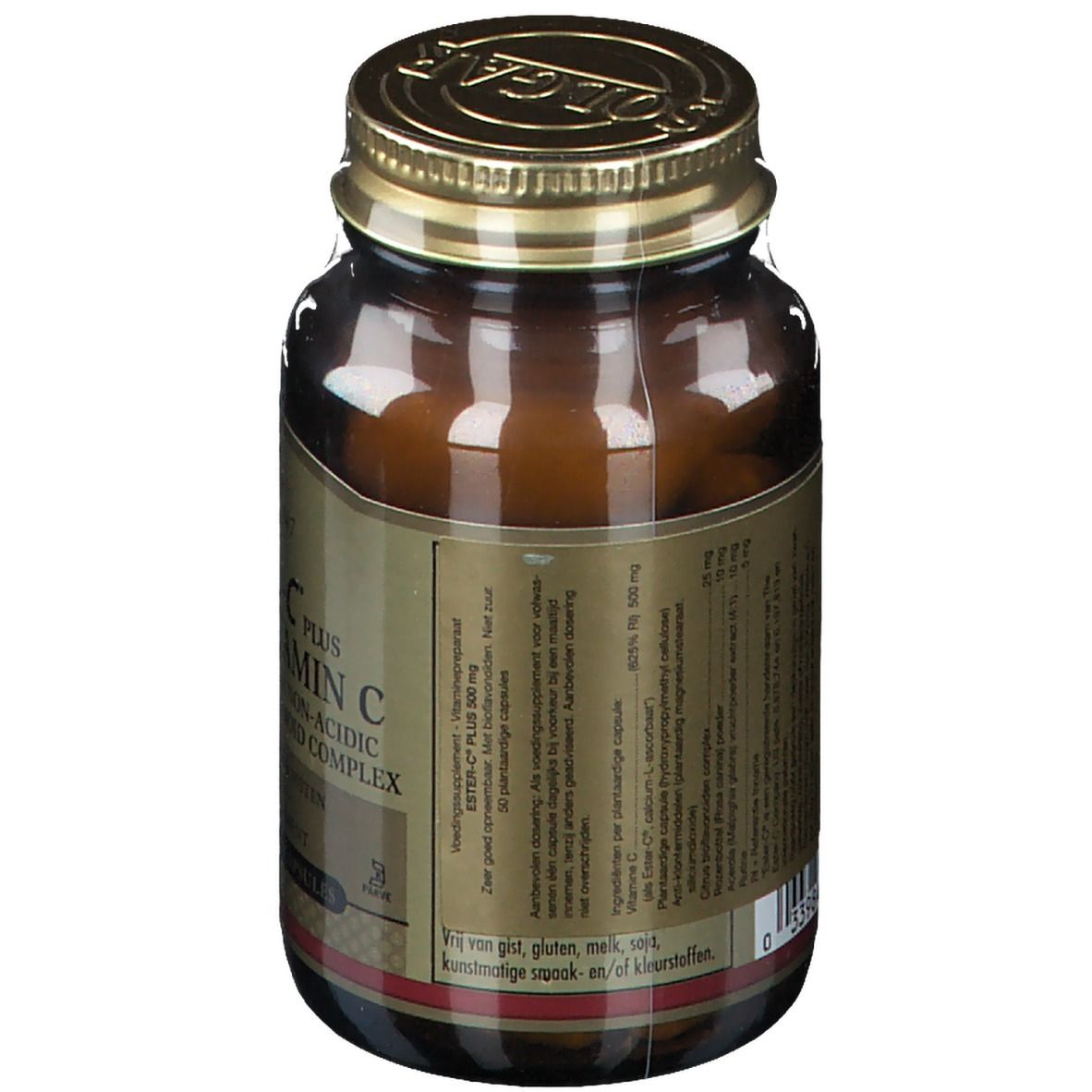 Rückansicht einer braunen Glasflasche mit goldfarbenem Deckel. Etikett mit Produktinformationen.