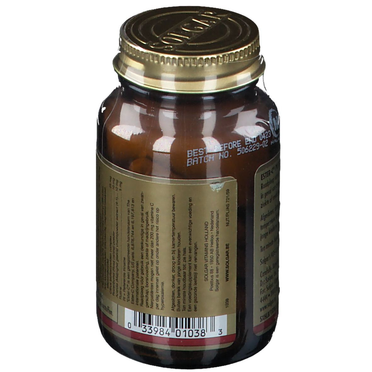Rückansicht einer braunen Glasflasche mit goldfarbenem Deckel. Etikett mit Produktinformationen und Barcode.