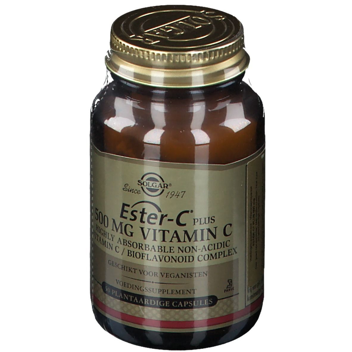 Braune Glasflasche mit goldfarbenem Deckel. Etikett mit Produktinformationen: Ester-C Plus 500 mg Vitamin C.