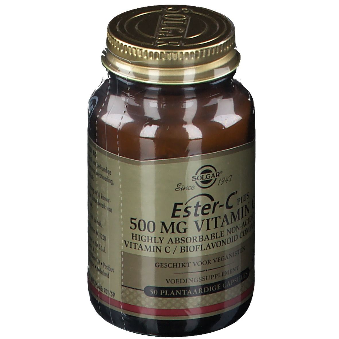 Braune Glasflasche mit goldfarbenem Deckel. Etikett mit Produktinformationen: Ester-C Plus 500 mg Vitamin C.