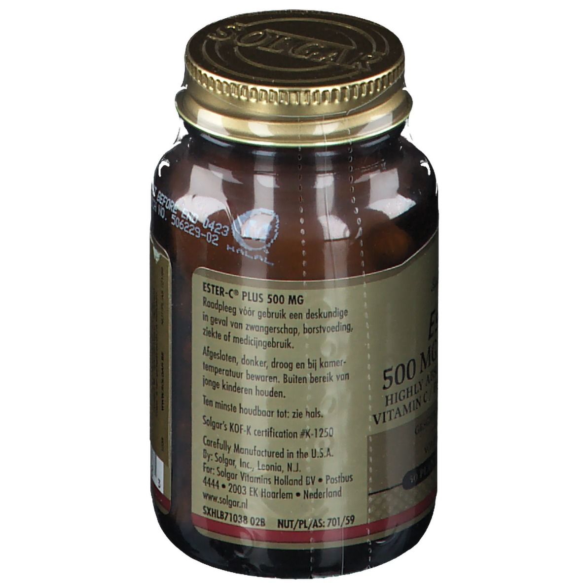 Rückansicht einer braunen Glasflasche mit goldfarbenem Deckel. Etikett mit Produktinformationen.