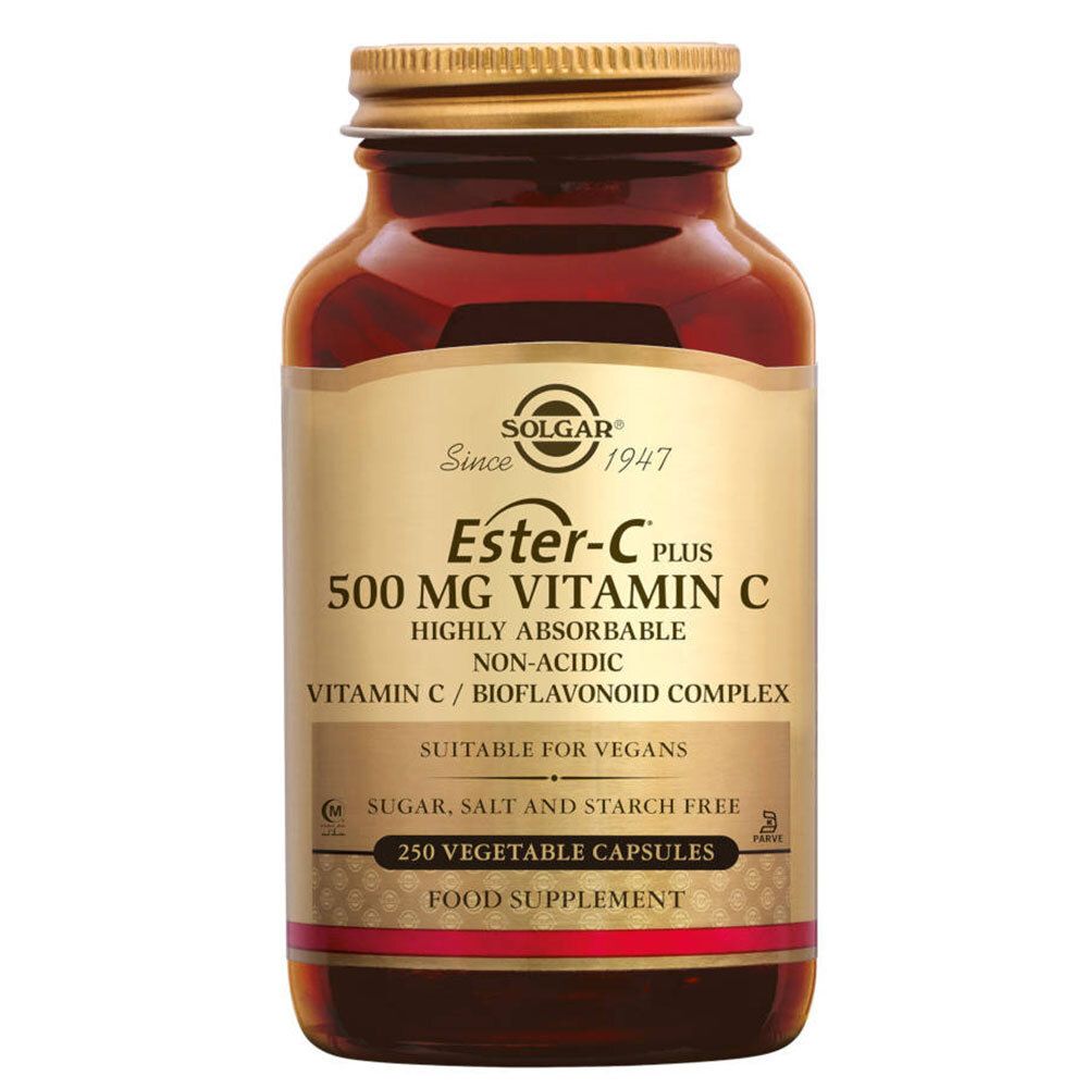 Flacon en verre brun avec bouchon doré. Étiquette avec informations produit: Ester-C Plus 500 mg Vitamine C, 250 gélules.