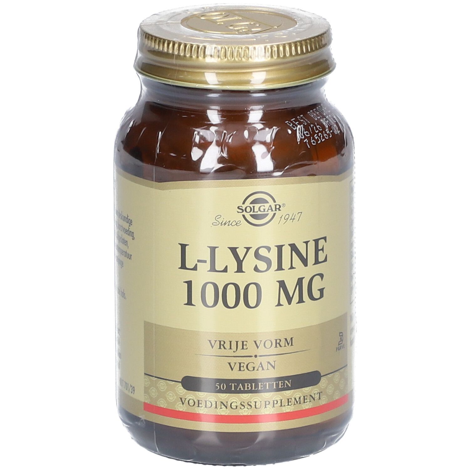 Braune Glasflasche mit goldfarbenem Deckel. Etikett mit "L-Lysine 1000 MG" und "Solgar"-Logo. 50 Tabletten, vegan.