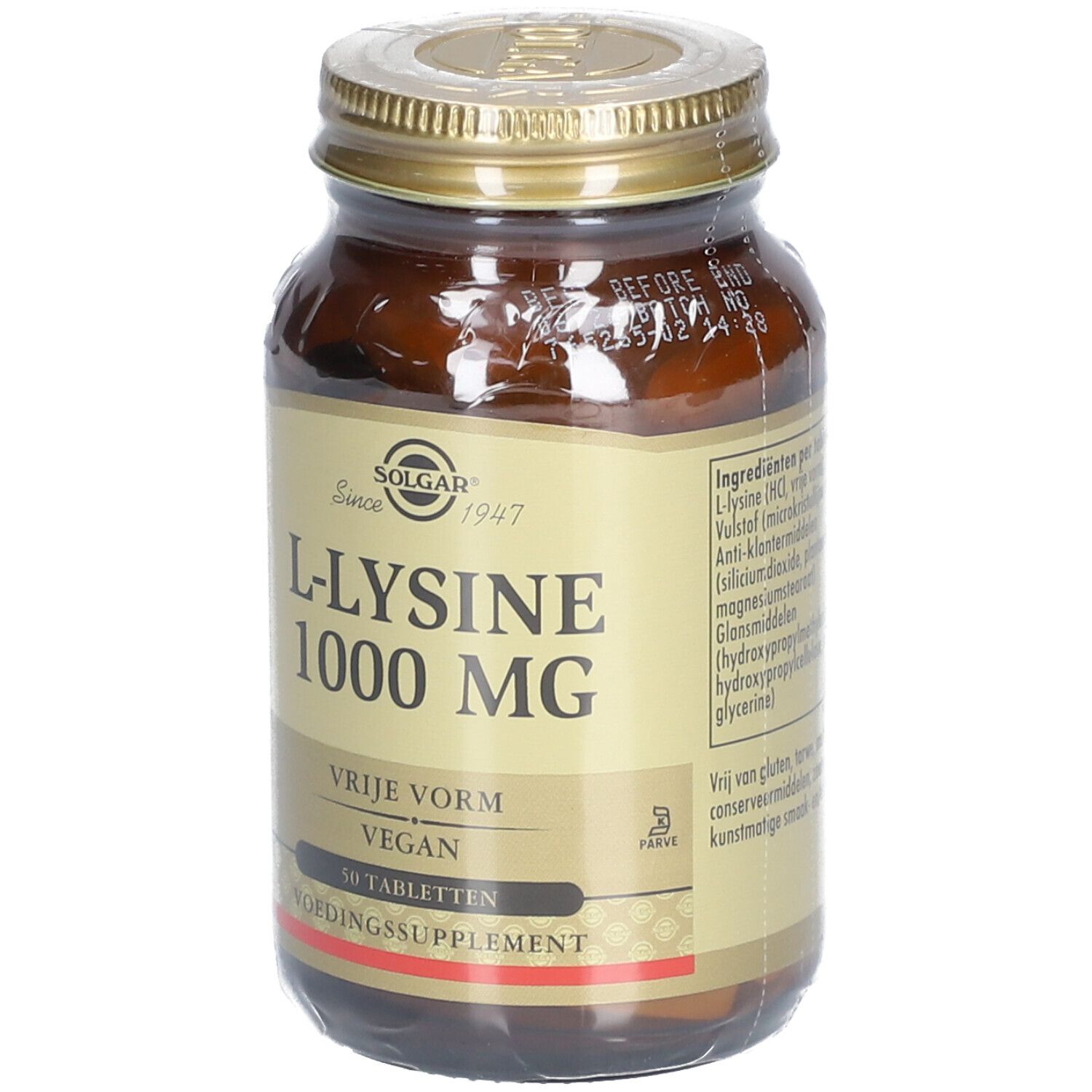 Braune Glasflasche mit goldfarbenem Deckel. Etikett mit "L-Lysine 1000 MG" und "Solgar"-Logo. 50 Tabletten, vegan.