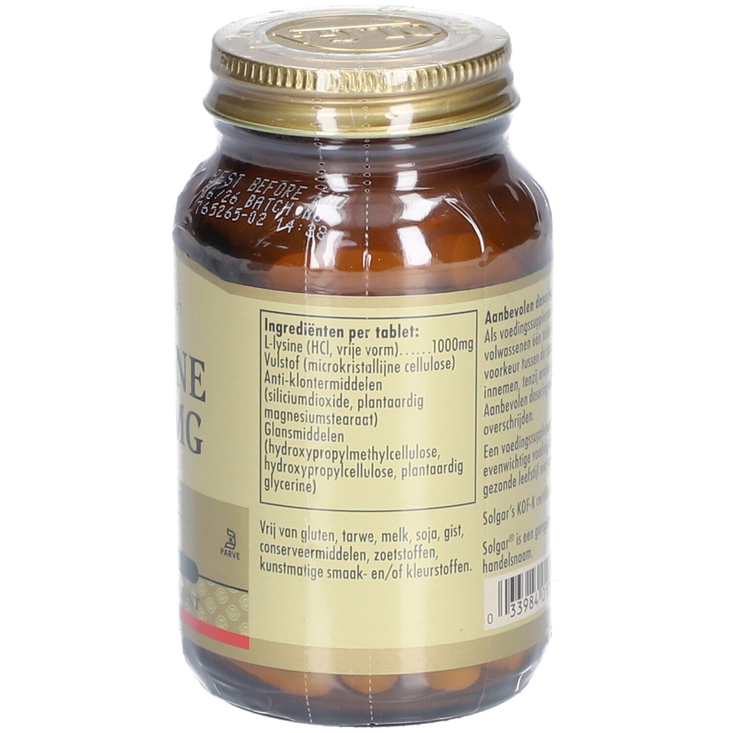 Rückansicht der Flasche. Etikett mit Inhaltsstoffen, Dosierungsempfehlung und Informationen zu Allergenen. Solgar KOF-K Zertifizierung.