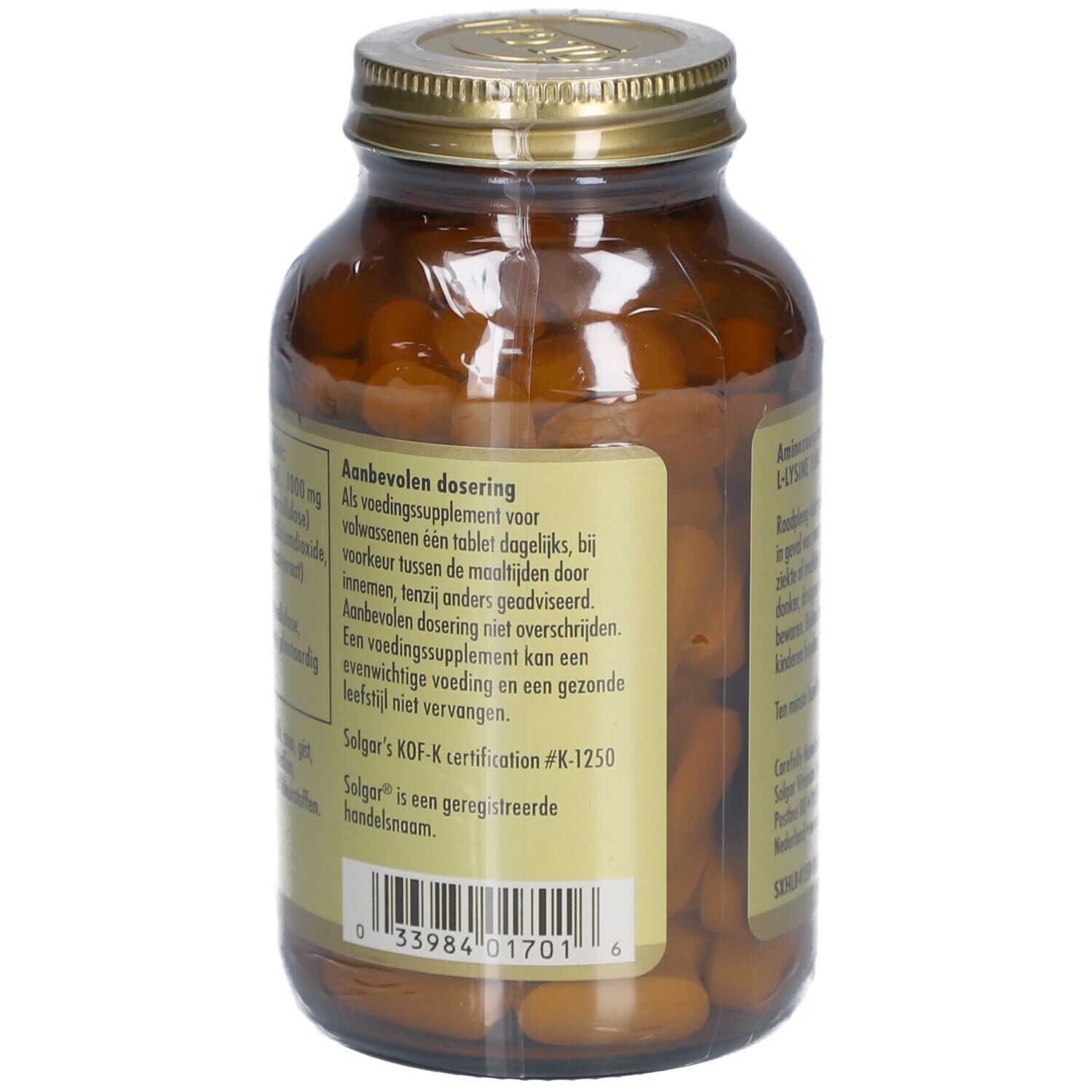 Dos du flacon en verre brun. Étiquette avec texte: Recommandations de dosage. Certification Solgar KDF-K. Code-barres.