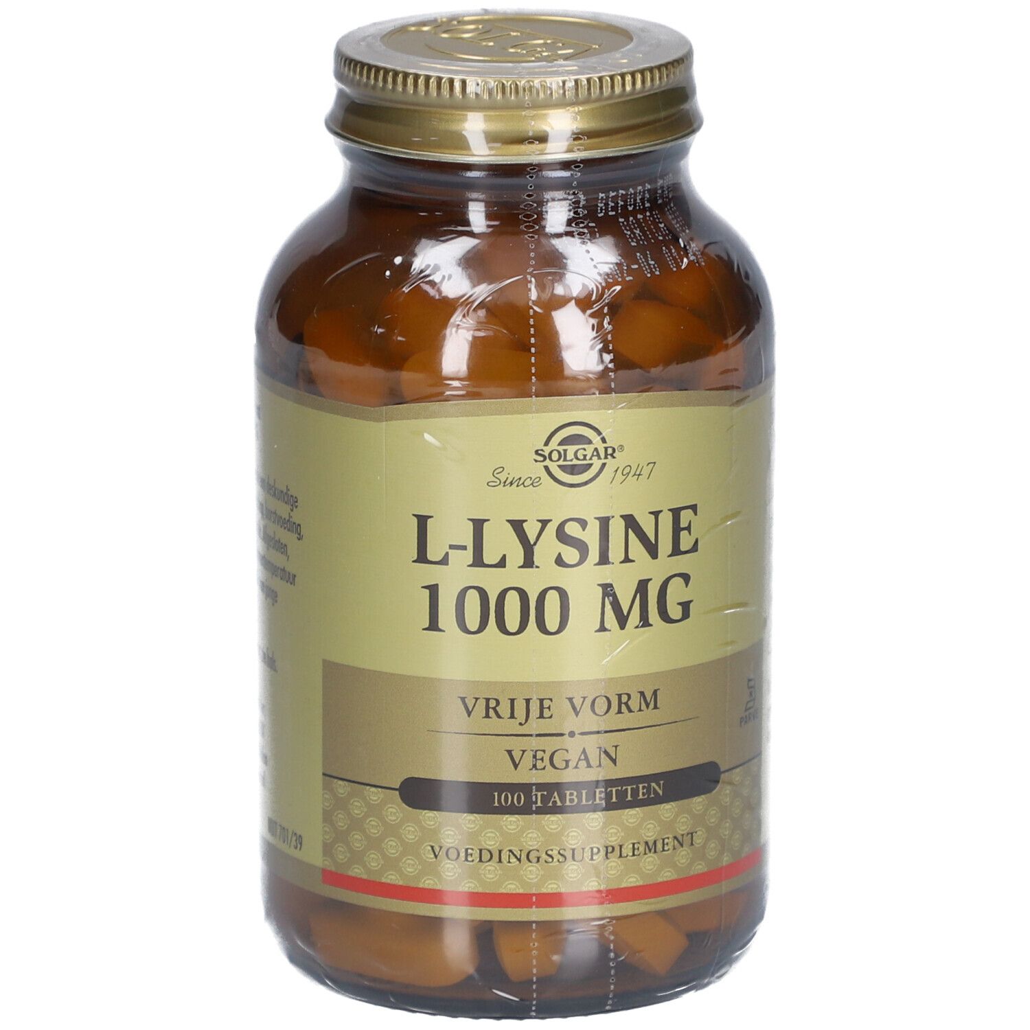 Flacon en verre brun avec bouchon doré. Étiquette avec texte: L-Lysine 1000 MG, Vegan, 100 comprimés. Marque: Solgar.