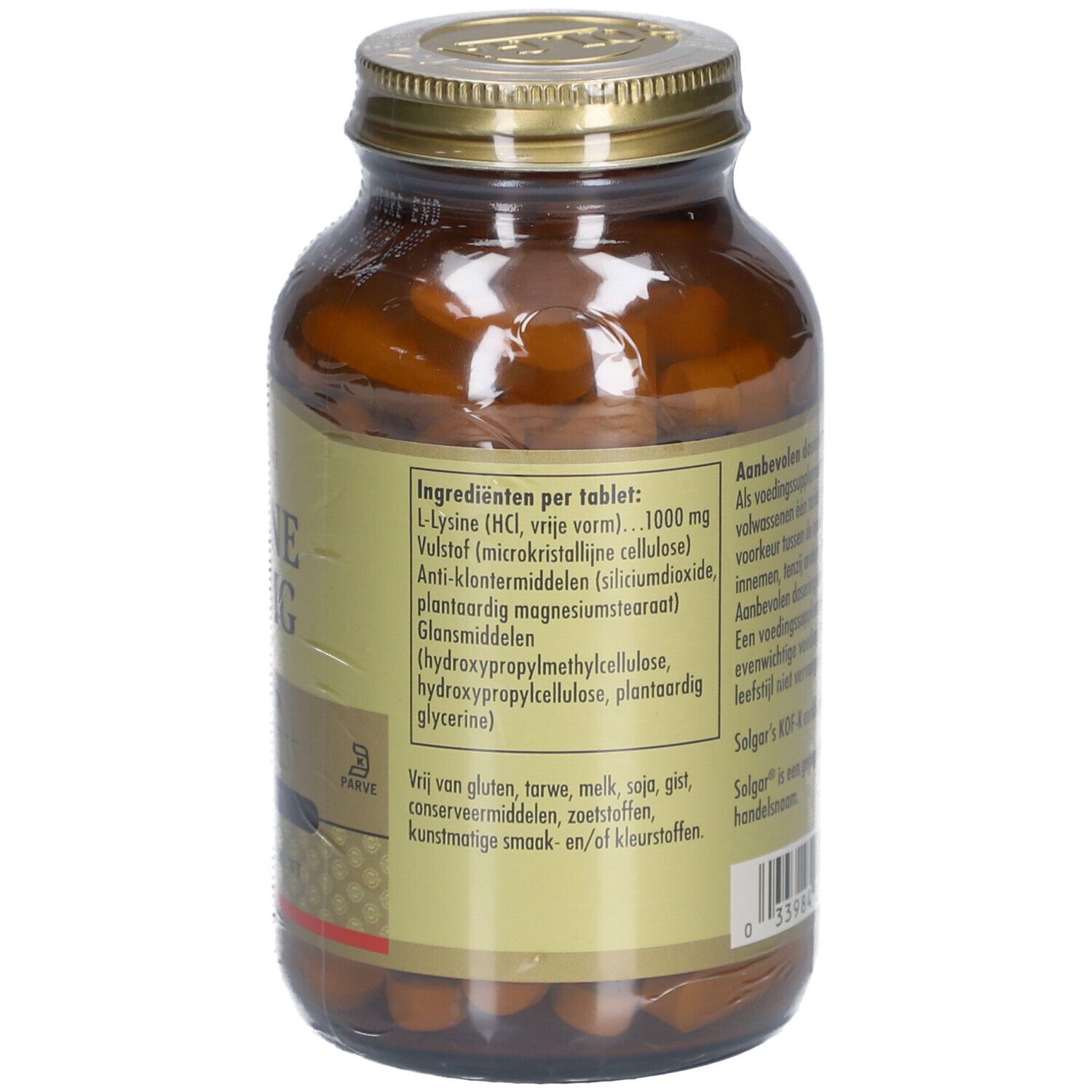 Dos du flacon en verre brun. Étiquette avec ingrédients par comprimé: L-Lysine, excipients. Sans gluten, lait, soja.