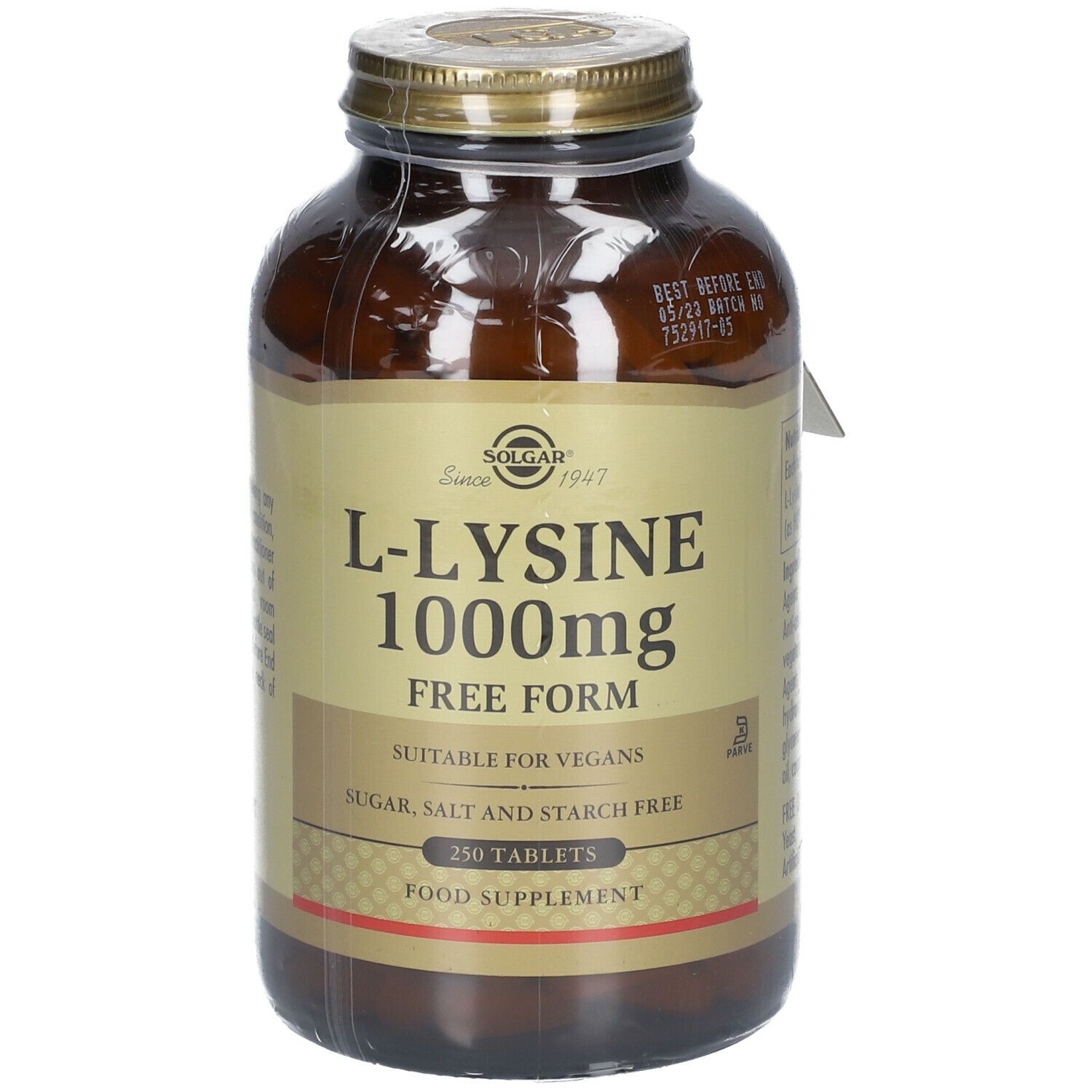 Braune Glasflasche mit goldfarbenem Deckel. Etikett mit "L-Lysine 1000mg" und "250 Tablets". Klare Plastikfolie.