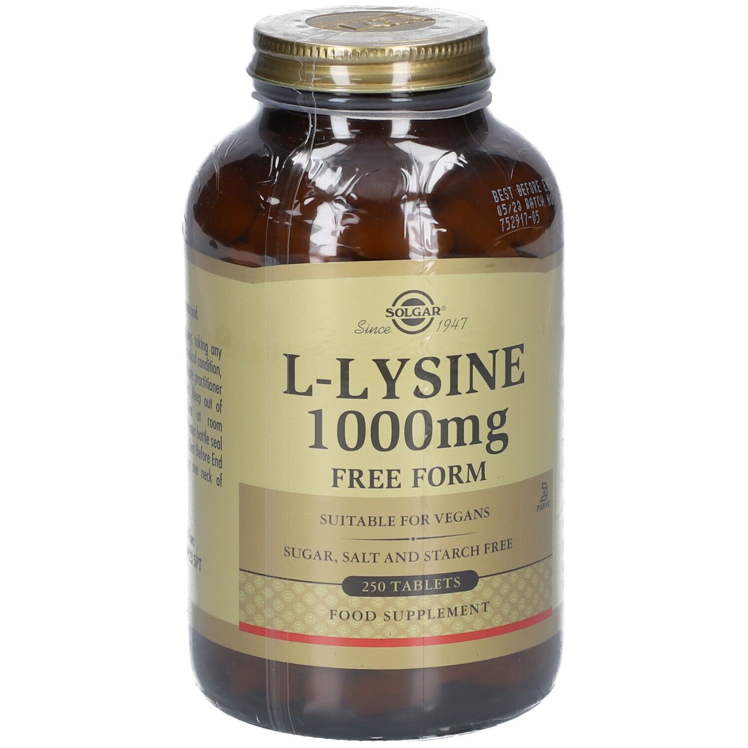 Braune Glasflasche mit goldfarbenem Deckel. Etikett mit "L-Lysine 1000mg" und "250 Tablets". Klare Plastikfolie.