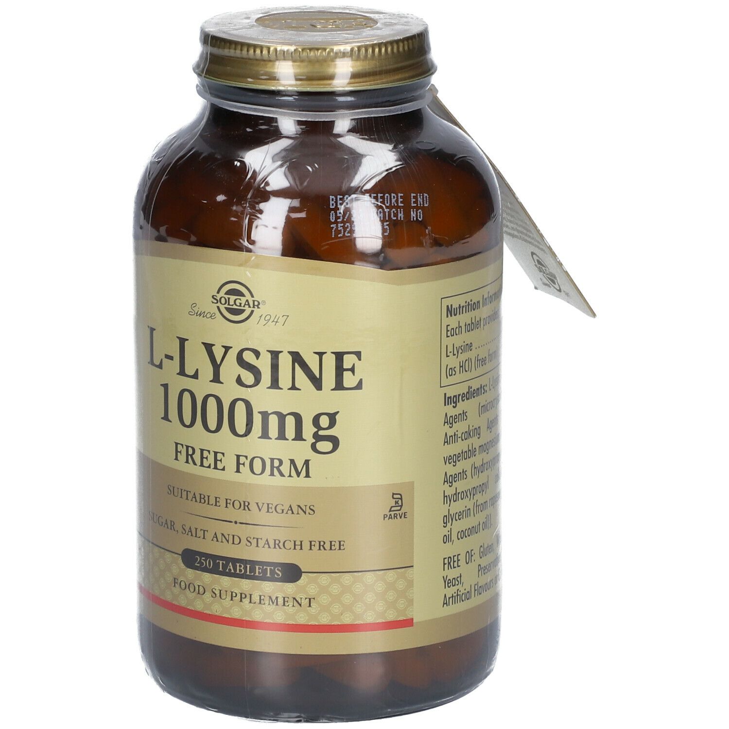 Braune Glasflasche mit goldfarbenem Deckel. Etikett mit "L-Lysine 1000mg" und Produktinformationen. Anhänger.