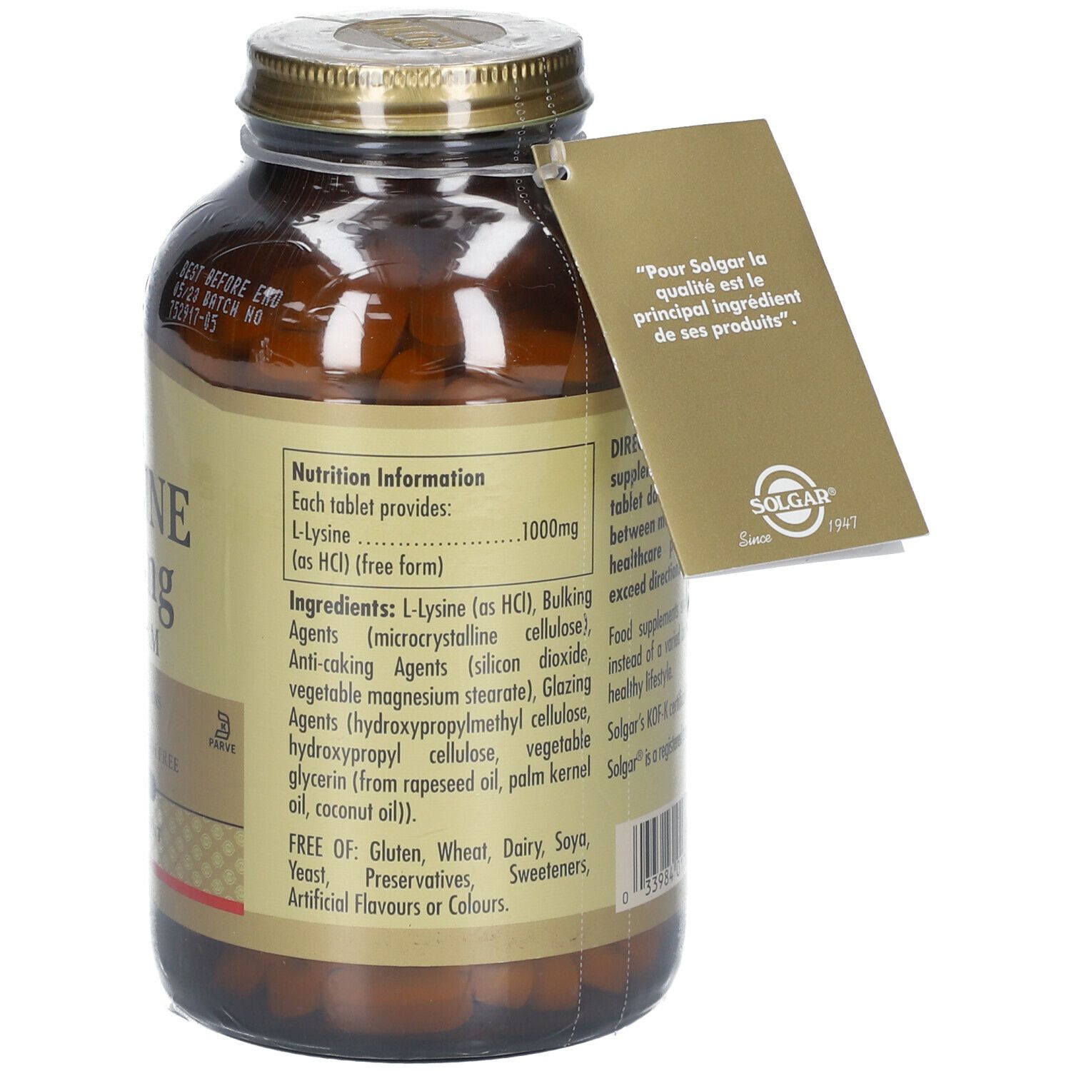 Braune Glasflasche mit goldfarbenem Deckel. Etikett mit Produktinformationen. Anhänger mit Text. Klare Plastikfolie.