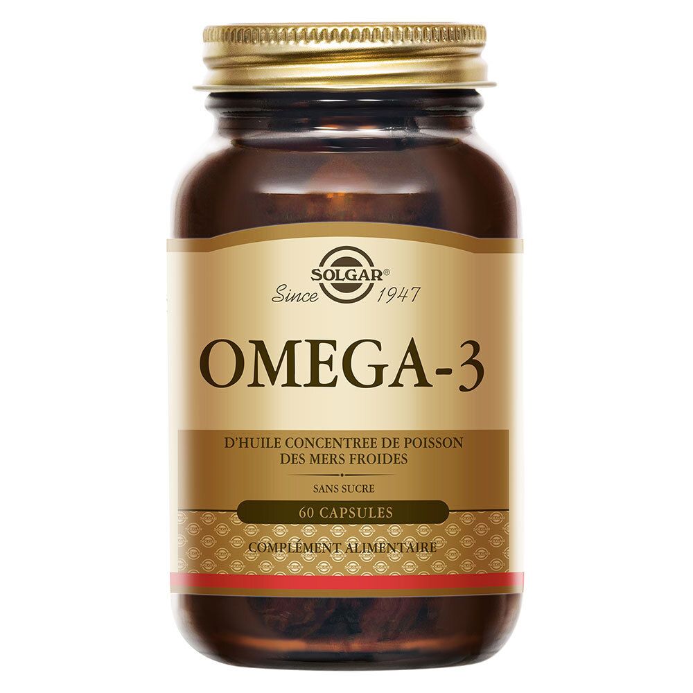 Braune Glasflasche mit goldenem Deckel. Etikett mit Omega-3-Aufschrift und Marke Solgar. 60 Kapseln.