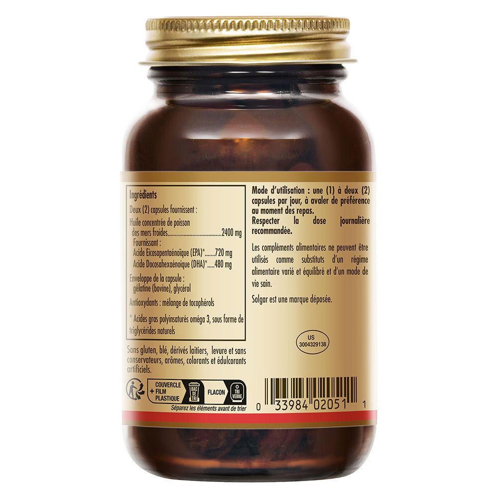 Rückseite der Flasche mit Inhaltsstoffen und Dosierung. Text in Französisch. Marke Solgar.