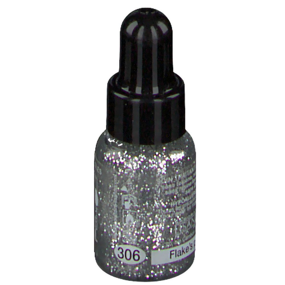 Flacon de vernis à ongles argenté à paillettes, bouchon noir. Inscription: 306, Flake's.