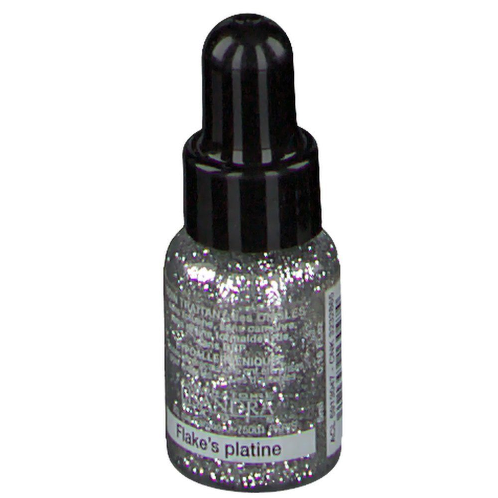 Flacon de vernis à ongles argenté à paillettes, bouchon noir. Inscription: Lisandra, Flake's platine.