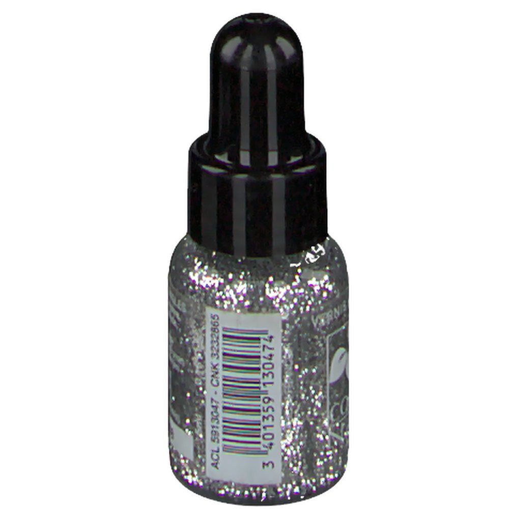 Flacon de vernis à ongles argenté à paillettes, bouchon noir. Avec code-barres et inscription.