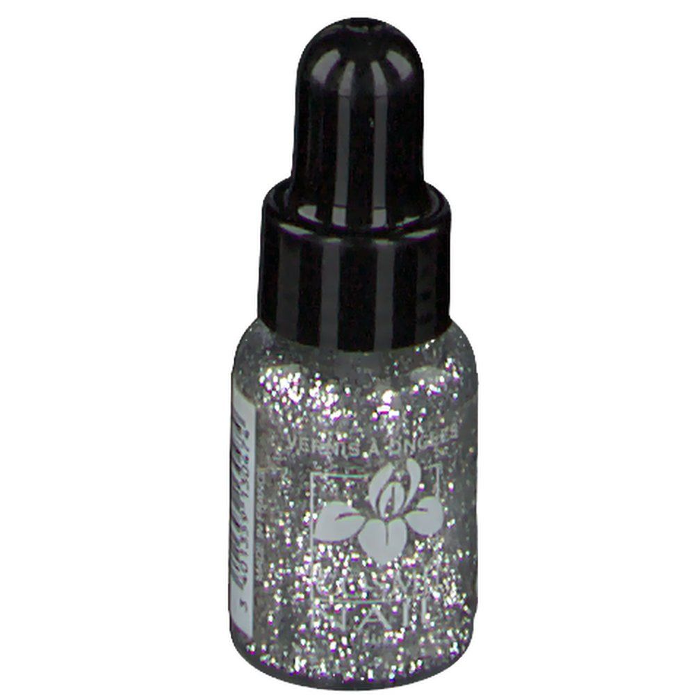 Flacon de vernis à ongles argenté à paillettes, bouchon noir. Inscription: Vernis à Ongles, Lisandra Cosmé.
