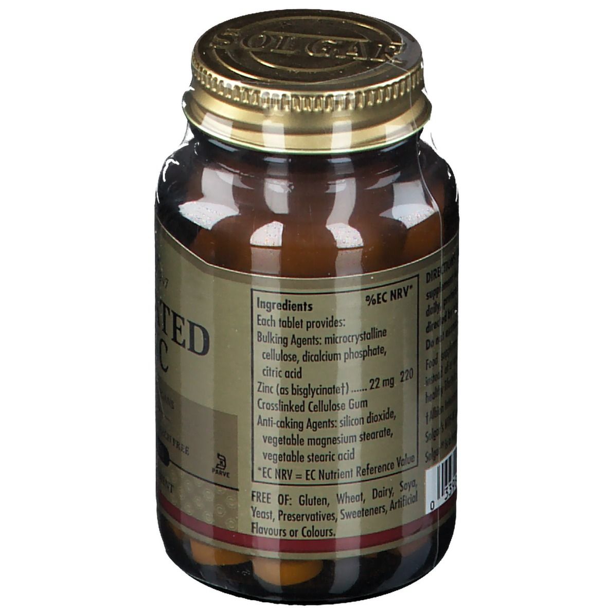Rückseite der Flasche mit Zutatenliste. Enthält "Chelated Zinc", Inhaltsstoffe und Nährwertangaben. Vegan.