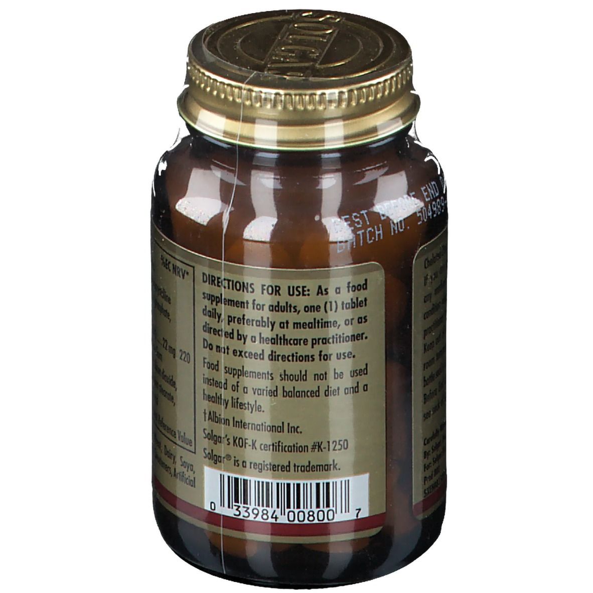 Rückseite der Flasche mit Gebrauchsanweisung. Enthält Informationen zur Dosierung und Hinweise. Vegan.