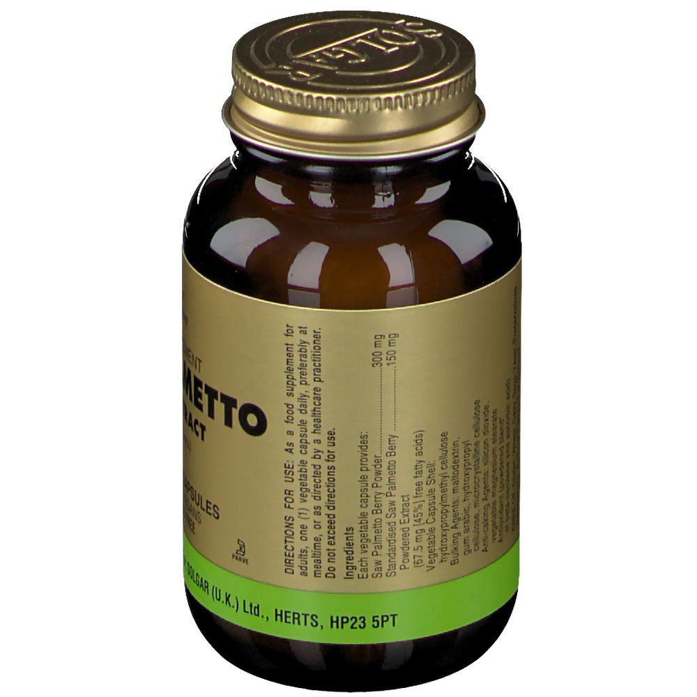 Flacon en verre brun avec bouchon doré. Étiquette avec informations produit et ingrédients. Solgar Saw Palmetto Berry Extract.