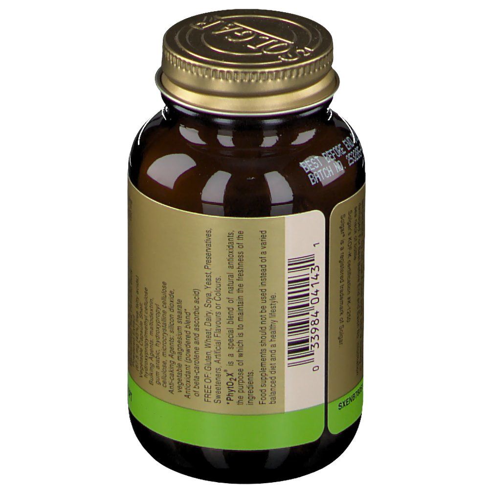 Flacon en verre brun avec bouchon doré. Étiquette avec informations produit et code-barres. Solgar Saw Palmetto Berry Extract.