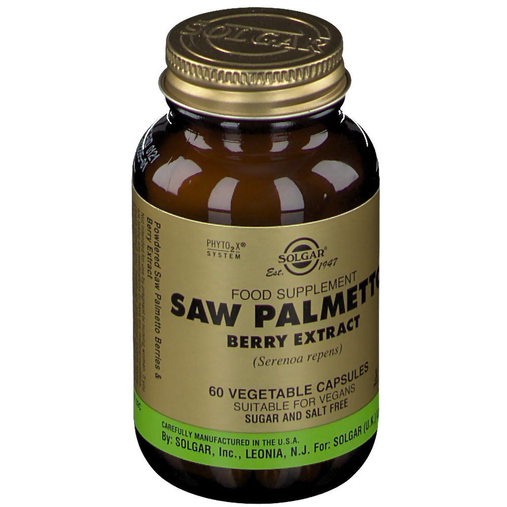 Flacon en verre brun avec bouchon doré. Étiquette avec informations produit: Saw Palmetto Berry Extract, 60 gélules, Solgar.