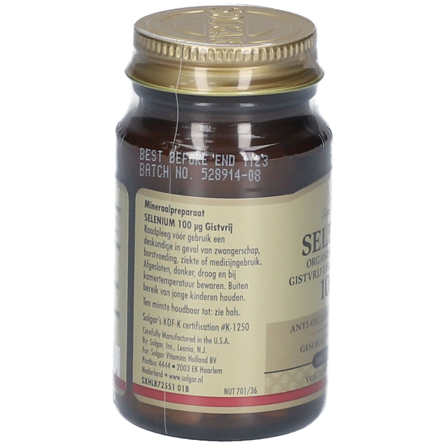Dos du flacon. Texte : "Mineralpräparaat Selenium 100 mcg". Informations sur les ingrédients et les avertissements.