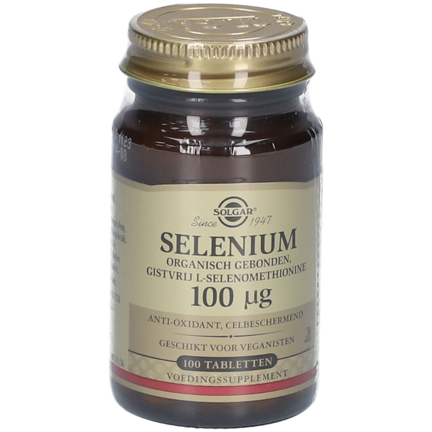 Flacon en verre brun avec couvercle doré. Étiquette "Solgar Selenium 100 mcg". 100 comprimés. Convient aux végétaliens.