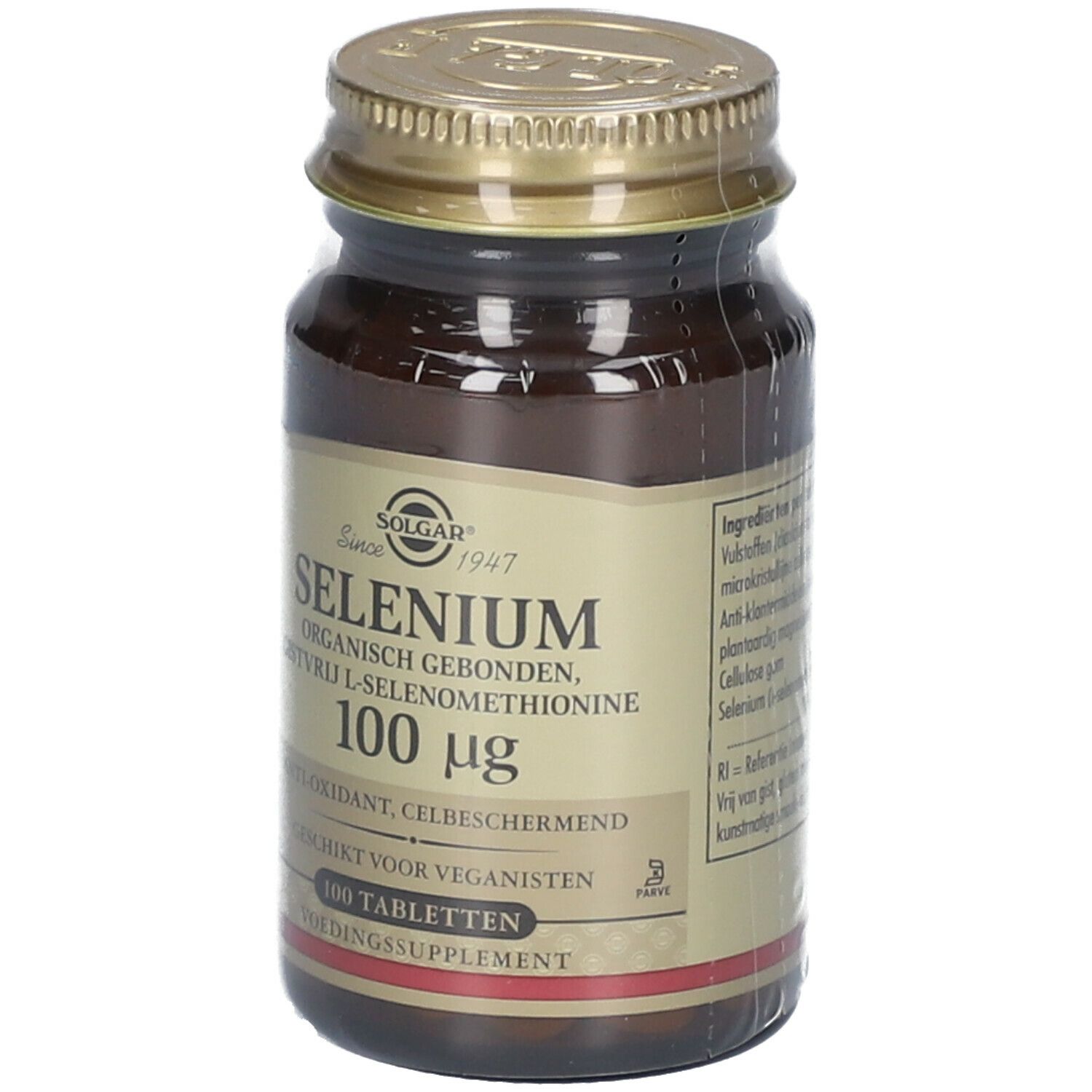 Flacon en verre brun avec couvercle doré. Étiquette "Solgar Selenium 100 mcg". 100 comprimés. Convient aux végétaliens.