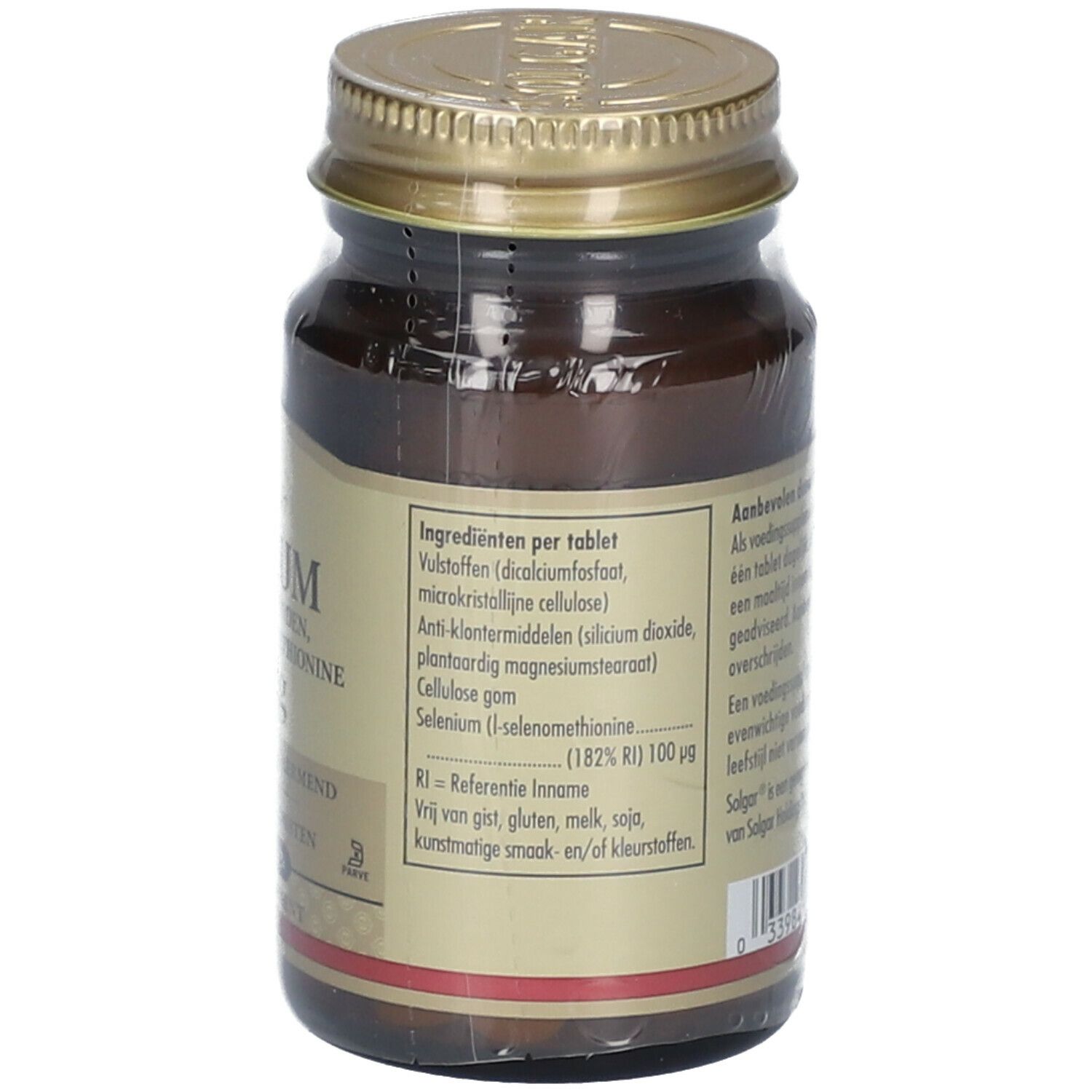 Dos du flacon. Liste des ingrédients par comprimé. Contient du sélénium (182% AR). Sans gluten, lait, soja.