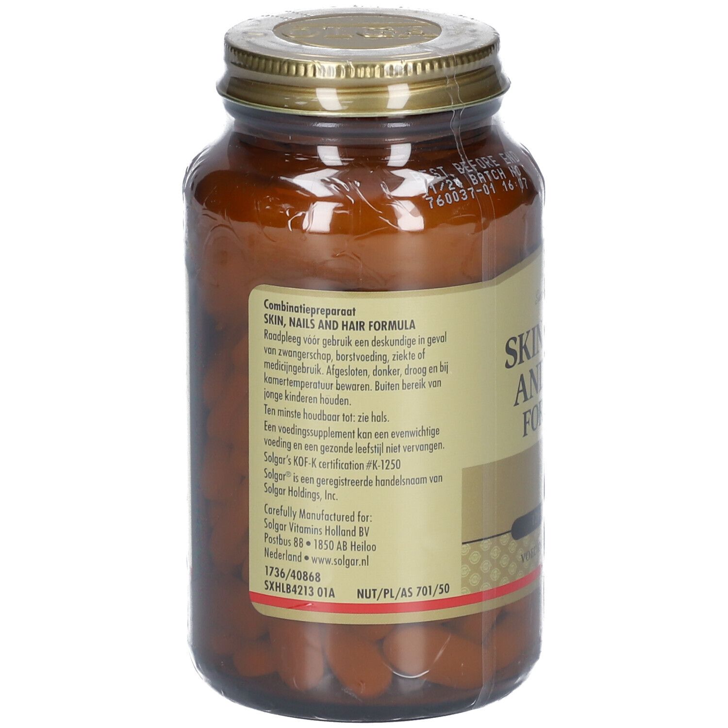 Rückseite einer braunen Glasflasche. Etikett mit Produktinformationen und Herstellerangaben. Goldfarbener Deckel.