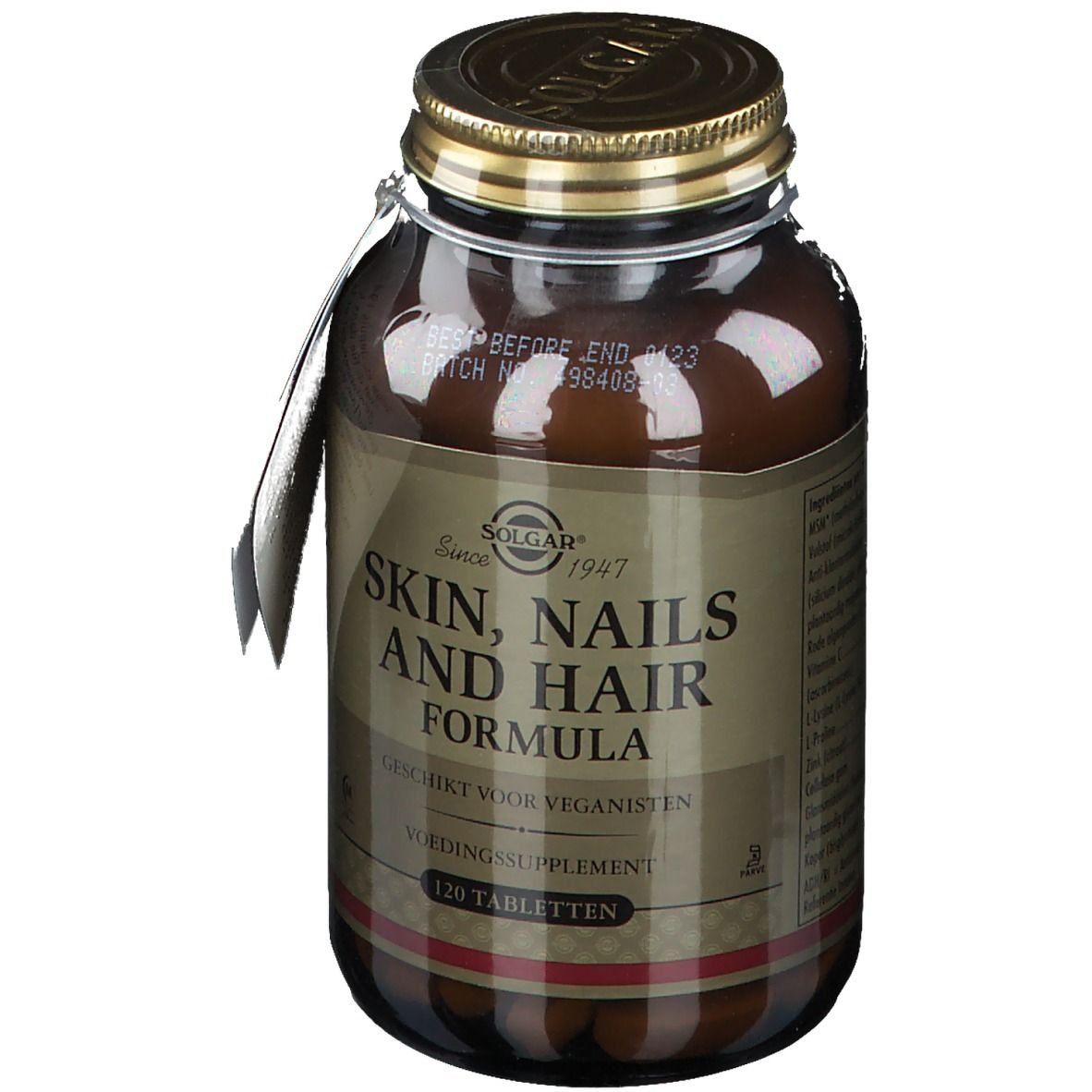 Braune Glasflasche mit goldfarbenem Deckel. Etikett mit "Skin, Nails and Hair Formula", "Vegan", und "120 Tabletten".