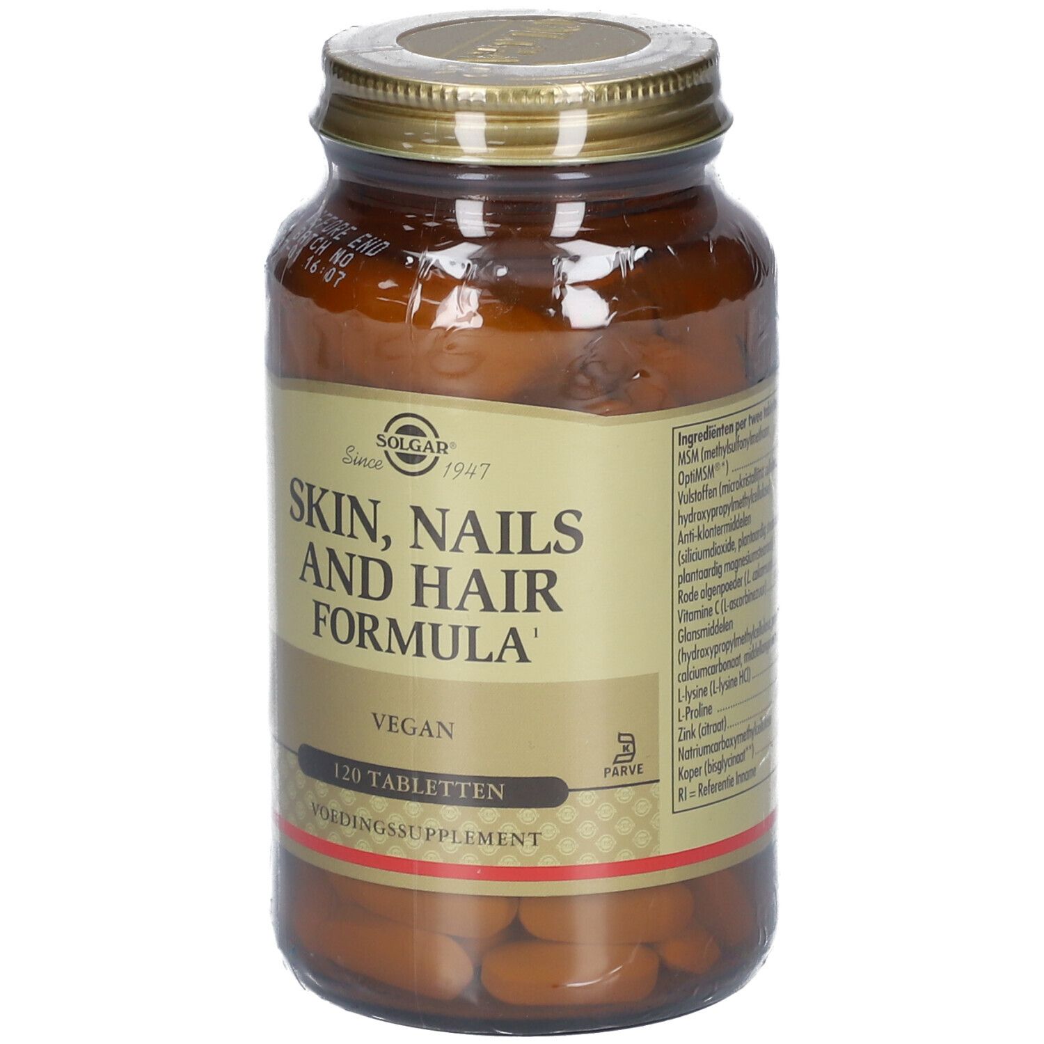 Braune Glasflasche mit goldfarbenem Deckel. Etikett mit "Skin, Nails and Hair Formula", "Vegan", und "120 Tabletten".