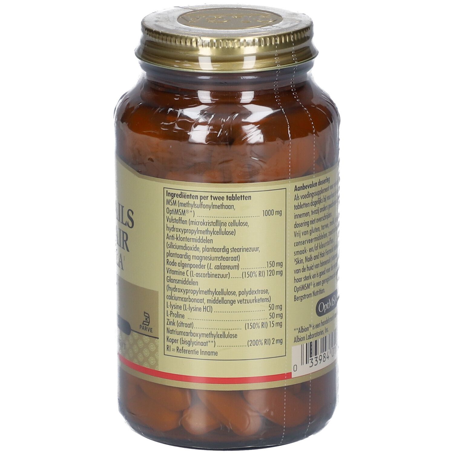 Rückseite einer braunen Glasflasche. Etikett mit Inhaltsstoffen und Nährwertangaben. Goldfarbener Deckel.