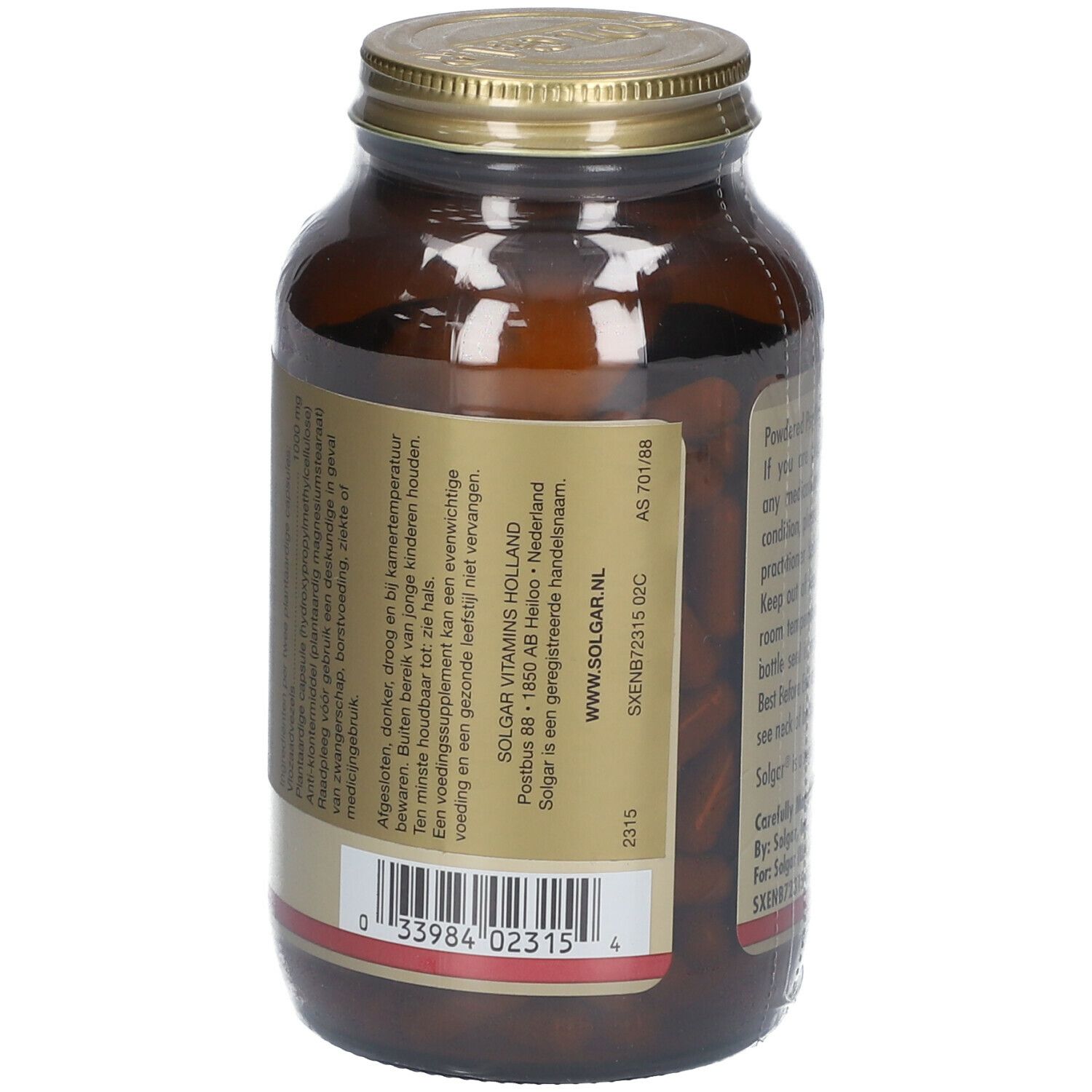 Rückansicht einer braunen Glasflasche. Etikett mit Produktinformationen und Barcode. Hergestellt in den USA.