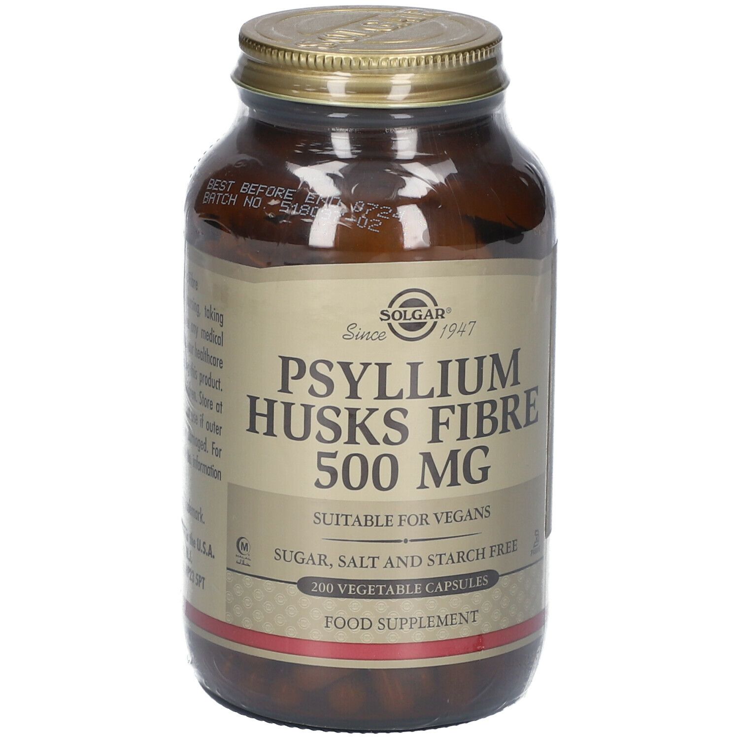 Braune Glasflasche mit goldfarbenem Deckel. Etikett mit Produktnamen: Psyllium Husks Fibre 500 mg. Geeignet für Veganer.