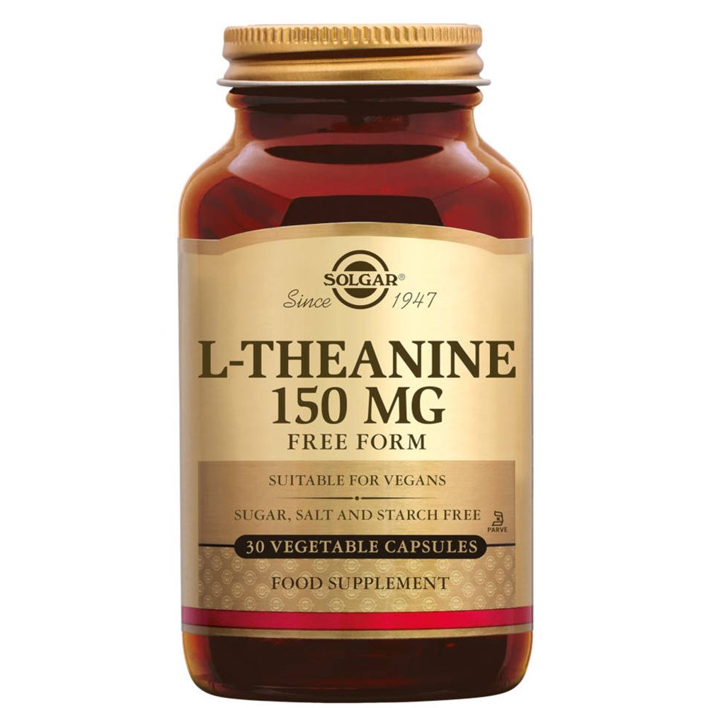 Flacon en verre brun avec bouchon doré. Inscription : L-Théanine 150 mg, Free Form, convient aux végétaliens. 30 gélules.