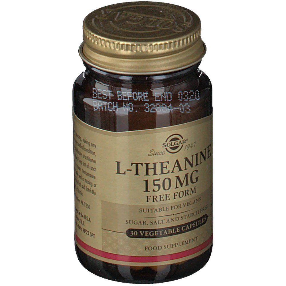 Flacon en verre brun avec bouchon doré. Inscription : L-Théanine 150 mg, Free Form, convient aux végétaliens. 30 gélules. A consommer de préférence avant 0320.