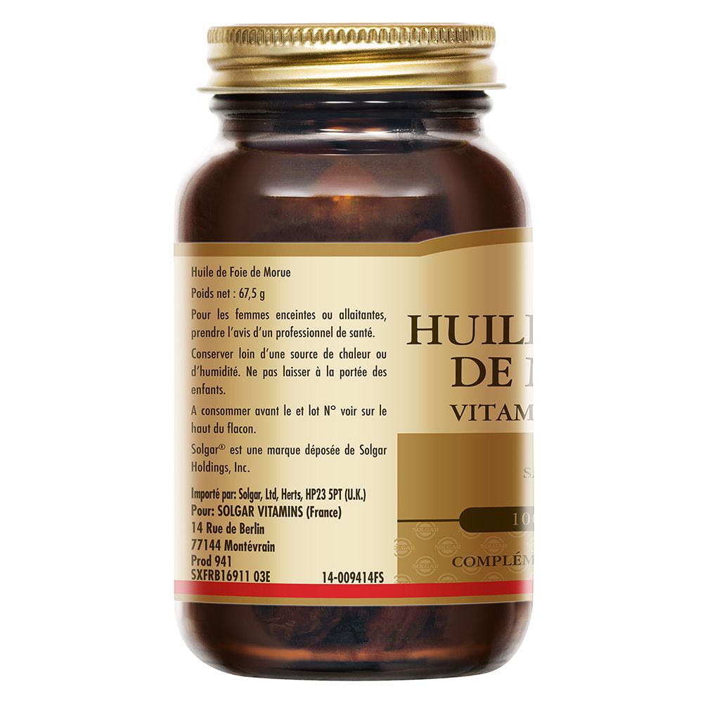 Rückseite einer braunen Glasflasche. Aufschrift: Huile de Foie de Morue, Vitamine A & D. Etikett mit Informationen.