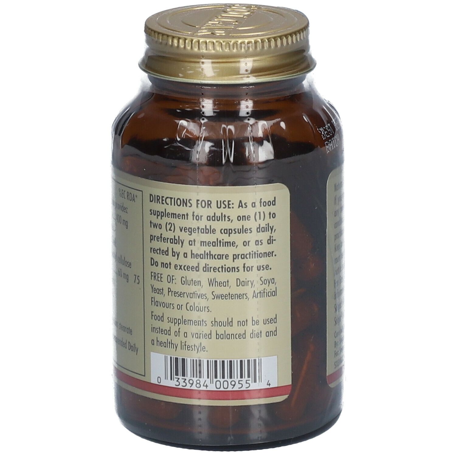 Rückseite der braunen Glasflasche. Text mit Anwendungshinweisen und Inhaltsstoffen. Barcode unten.