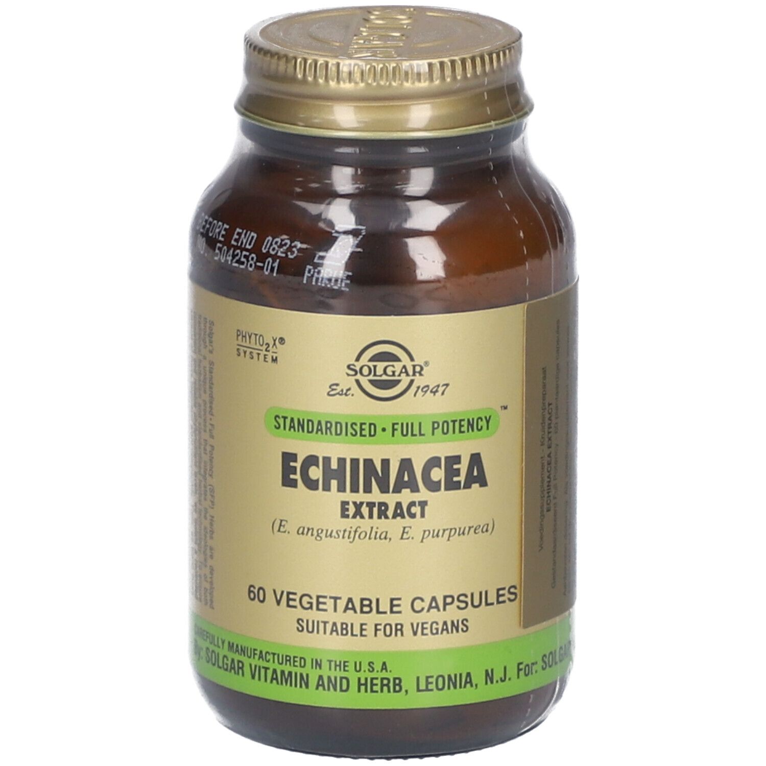 Flacon en verre brun avec couvercle doré. Étiquette avec nom du produit: Echinacea Extract. 60 gélules végétales. Marque: Solgar.