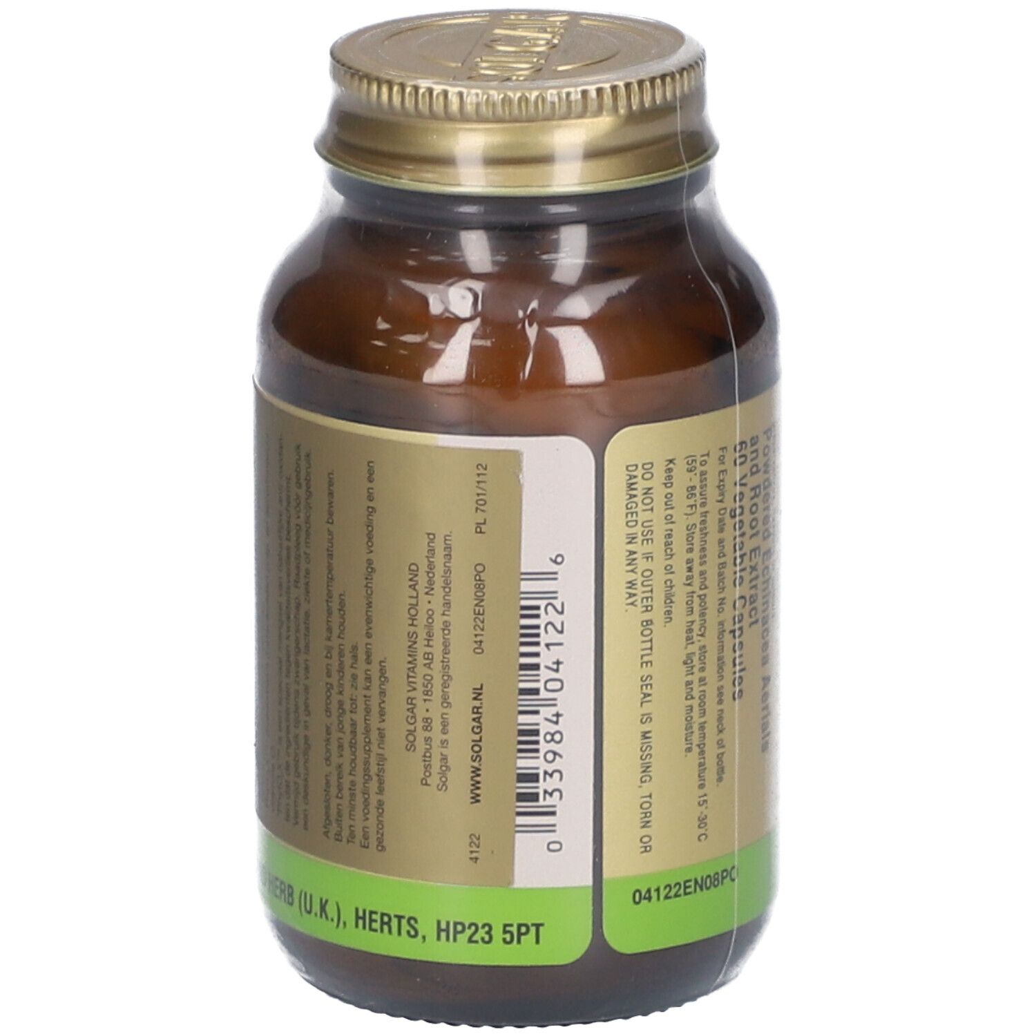 Flacon en verre brun avec couvercle doré. Étiquette avec informations sur le produit. Marque: Solgar. Contient 60 gélules. Fabriqué aux États-Unis.