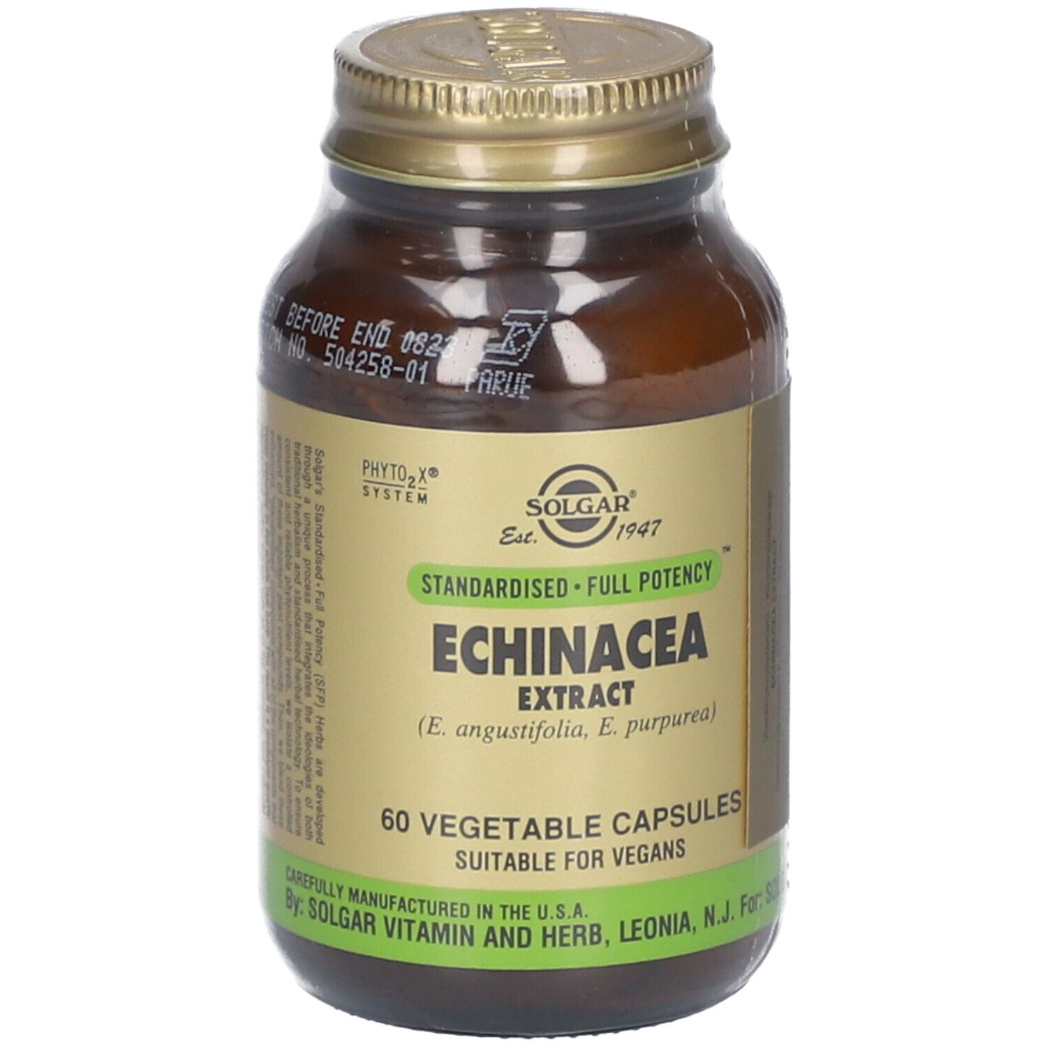 Flacon en verre brun avec couvercle doré. Étiquette avec nom du produit: Echinacea Extract. 60 gélules végétales. Marque: Solgar.