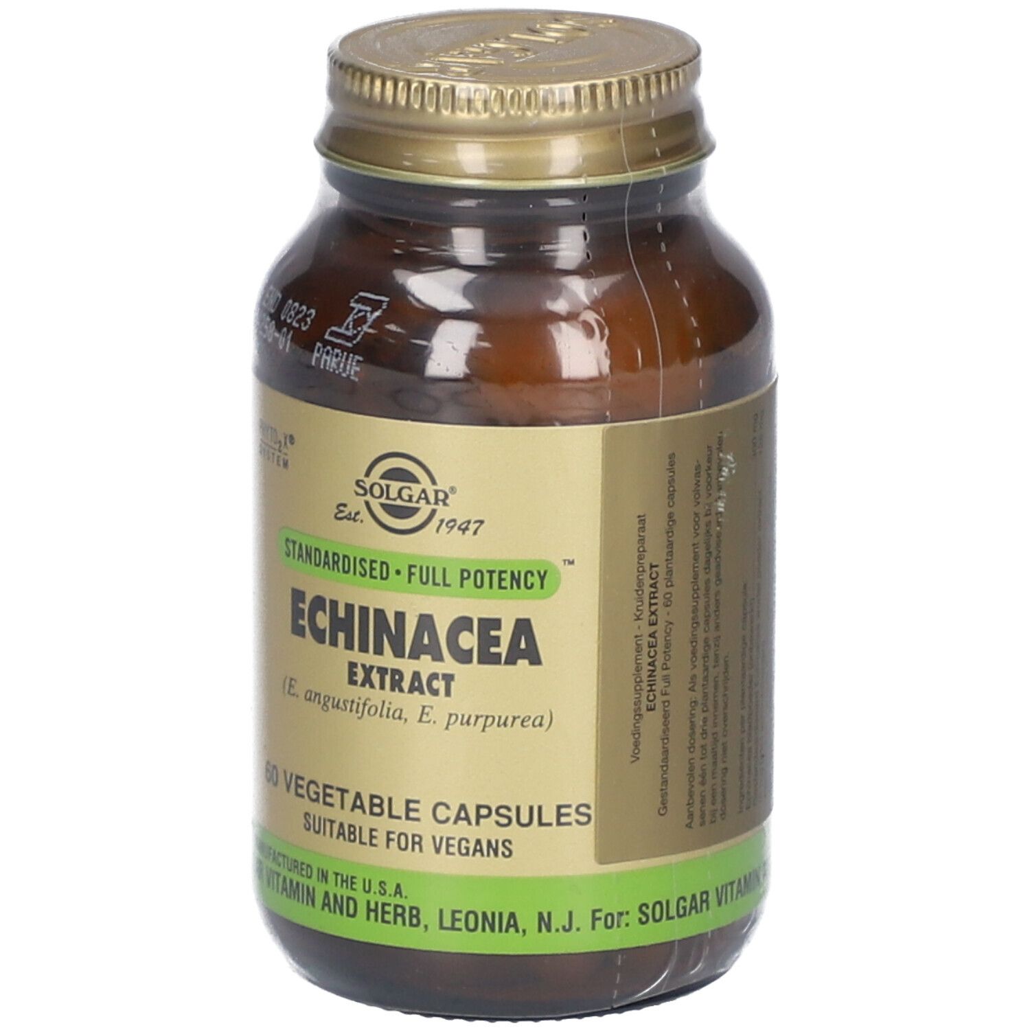 Flacon en verre brun avec couvercle doré. Étiquette avec nom du produit: Echinacea Extract. 60 gélules végétales. Marque: Solgar.