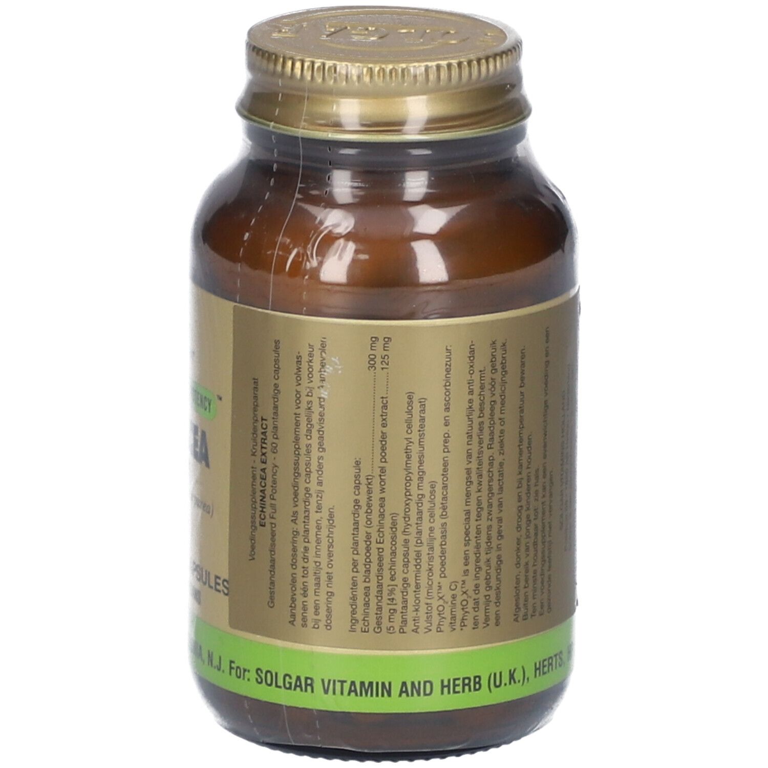 Flacon en verre brun avec couvercle doré. Étiquette avec ingrédients et dosage. Contient de l'extrait d'échinacée. Marque: Solgar.