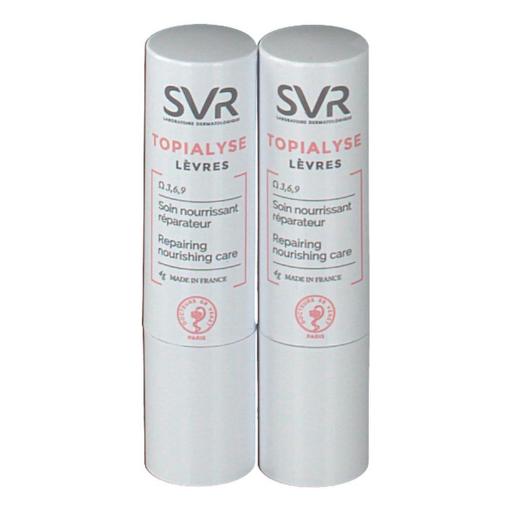 Twee witte lippenstiften. Opschrift: SVR Topialyse Lèvres, Soin nourrissant réparateur, Repairing nourishing care.
